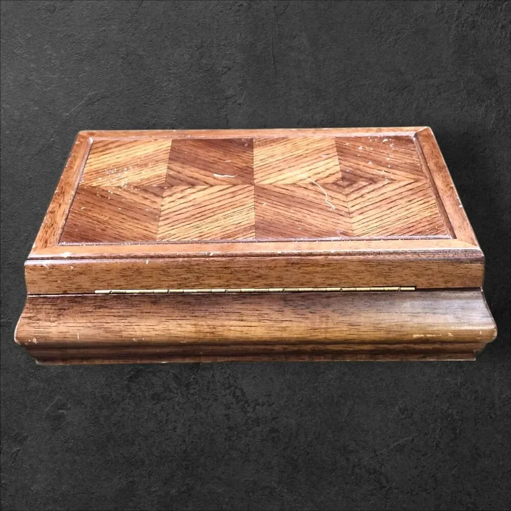 Vintage 1970s Wood Jewelry Box Orange Velvet Parquet Lid Jay Import Co 13